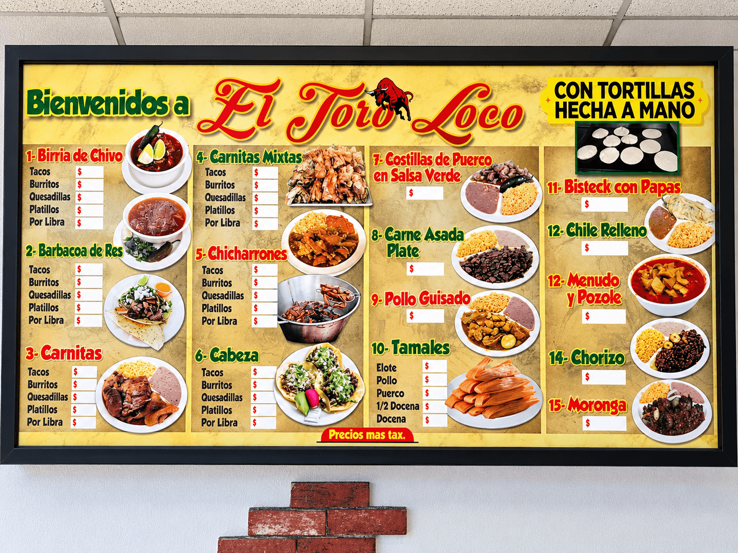 El Toro Loco restaurant menu board