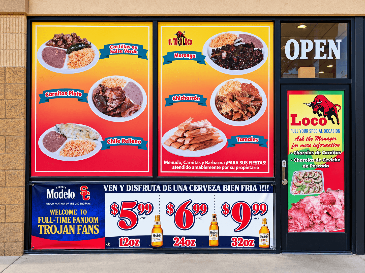 El Toro Loco signs advertising food for parties